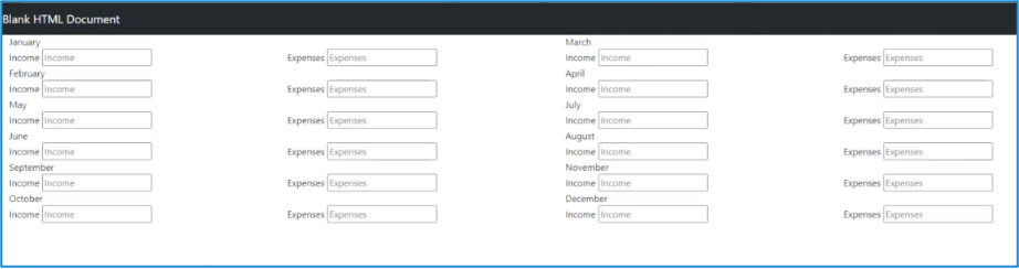 Table of income and expenses by months written with the help of GitHub Copilot