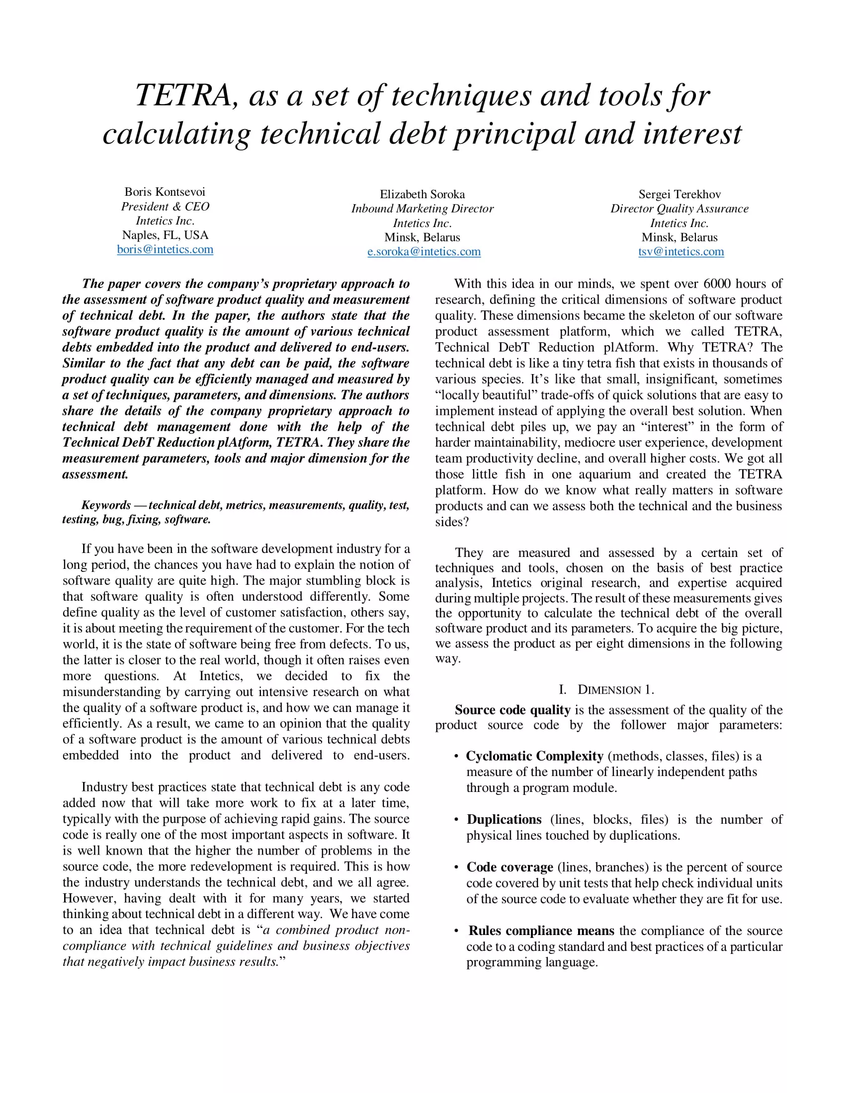 TETRA, as a Set of Techniques and Tools for Calculating Technical Debt Principal and Interest White Papers and eBooks, 53 TETRA, as a Set of Techniques and Tools for Calculating Technical Debt Principal and Interest White Papers and eBooks, 53 - intetics.com